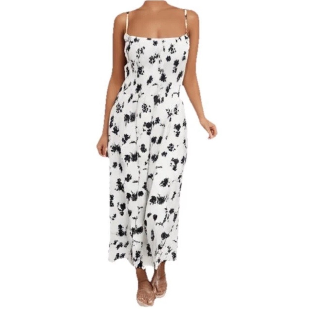 REFORMATION Sable Blueberries Dress XS  White Smocked Midi Picnic Romantic Girly